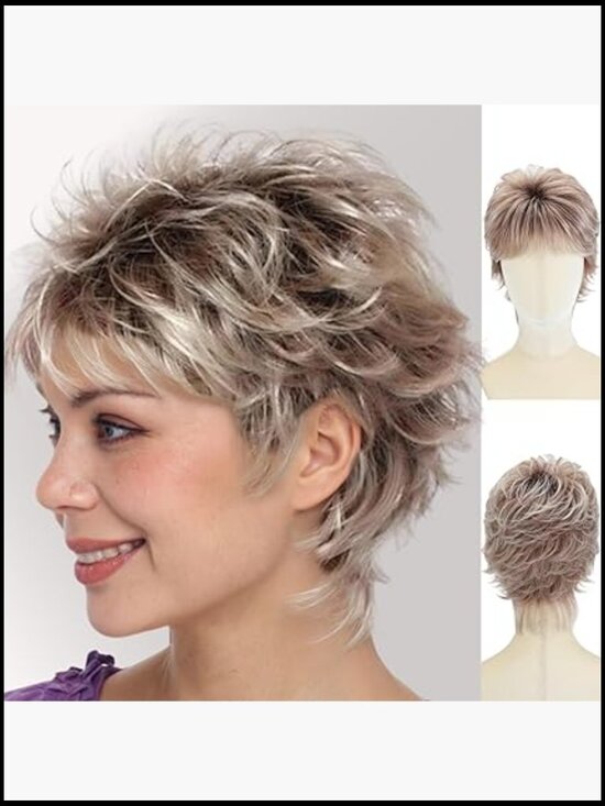 Short Curly Pixie Cut Wig with Bangs Glueless Synthetic Hair Daily Wear